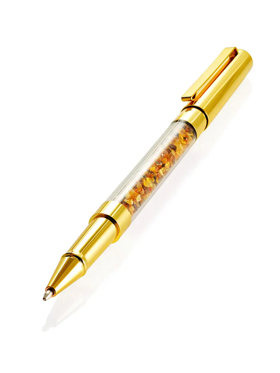 картинка Красивая золотистая ручка с колбой, наполненной россыпью кусочков натурального янтаря в подарочной коробке в онлайн магазине
