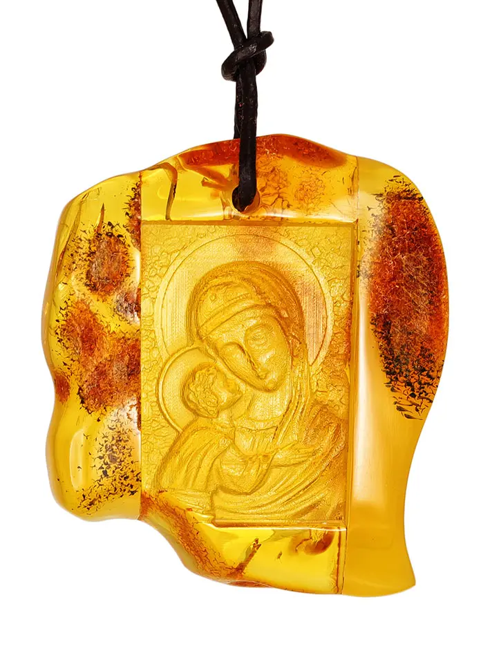 картинка Резная иконка-кулон из натурального лимонного янтаря «Игоревская Богоматерь» в онлайн магазине