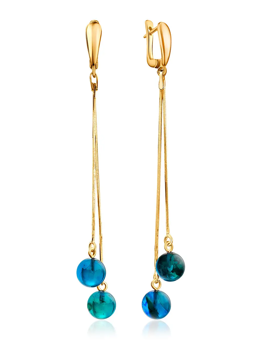 картинка Эффектные позолоченные серьги с янтарём бирюзового оттенка «Рябина» в онлайн магазине