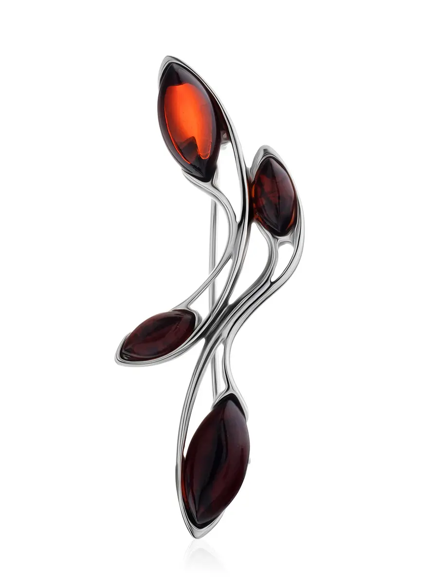 картинка Брошь из серебра и натурального янтаря вишнёвого цвета цвета «Пируэт» в онлайн магазине