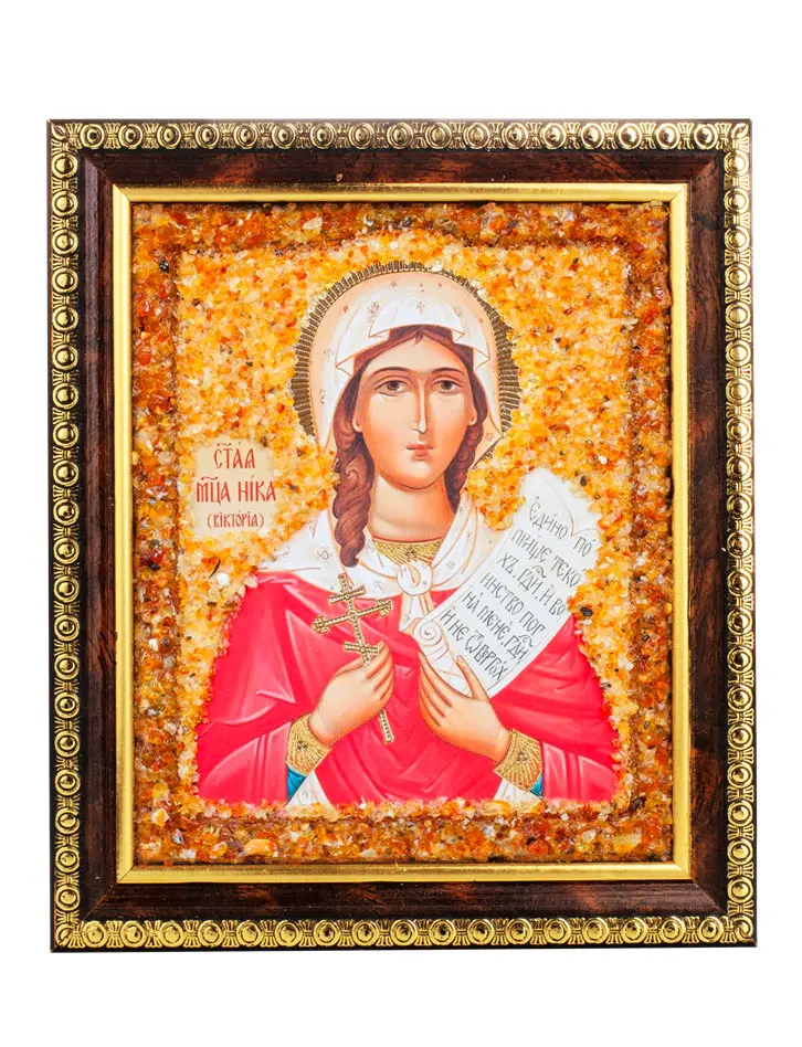 картинка Именная икона, украшенная натуральным янтарём «Святая мученица Ника (Виктория)» в онлайн магазине