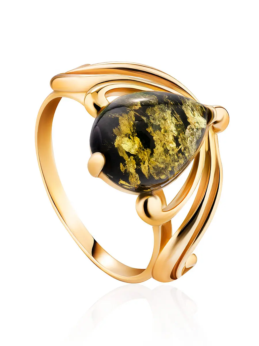 картинка Золотое кольцо с натуральным янтарём зелёного цвета «Медея» в онлайн магазине