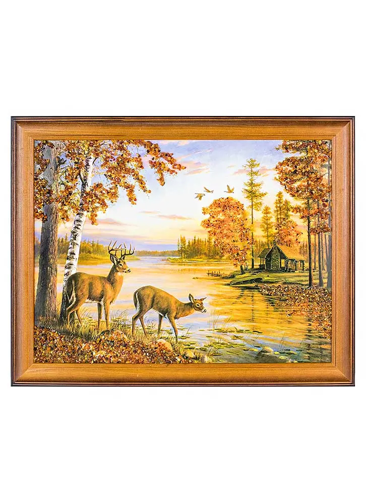 картинка Очаровательный пейзаж с оленями, украшенный натуральным янтарём «Нежность» 34 см (В) х 44 см (Ш) в онлайн магазине