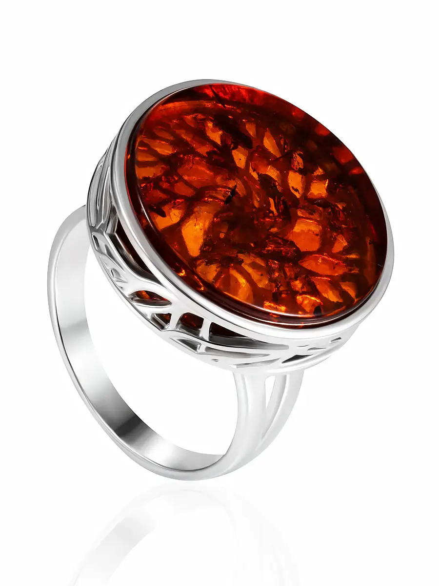картинка Эффектное кольцо «Бельтайн» с янтарём коньячного цвета в онлайн магазине