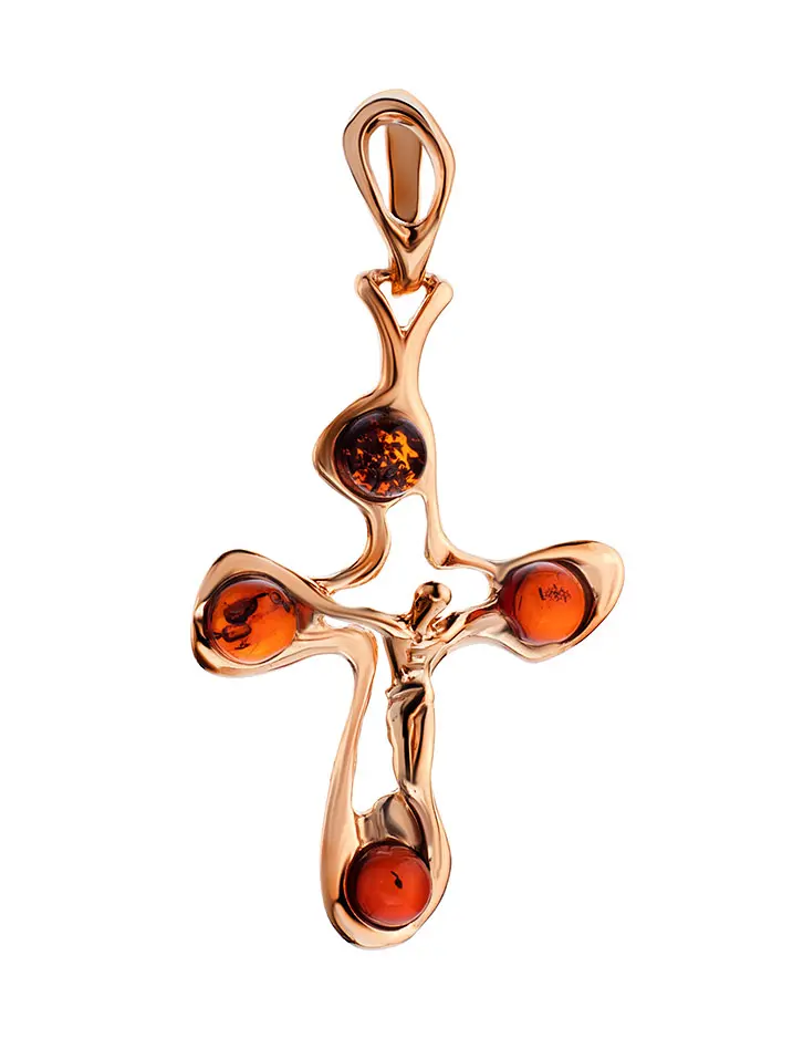 картинка Оригинальный крестик с янтарём вишнёвого цвета в онлайн магазине