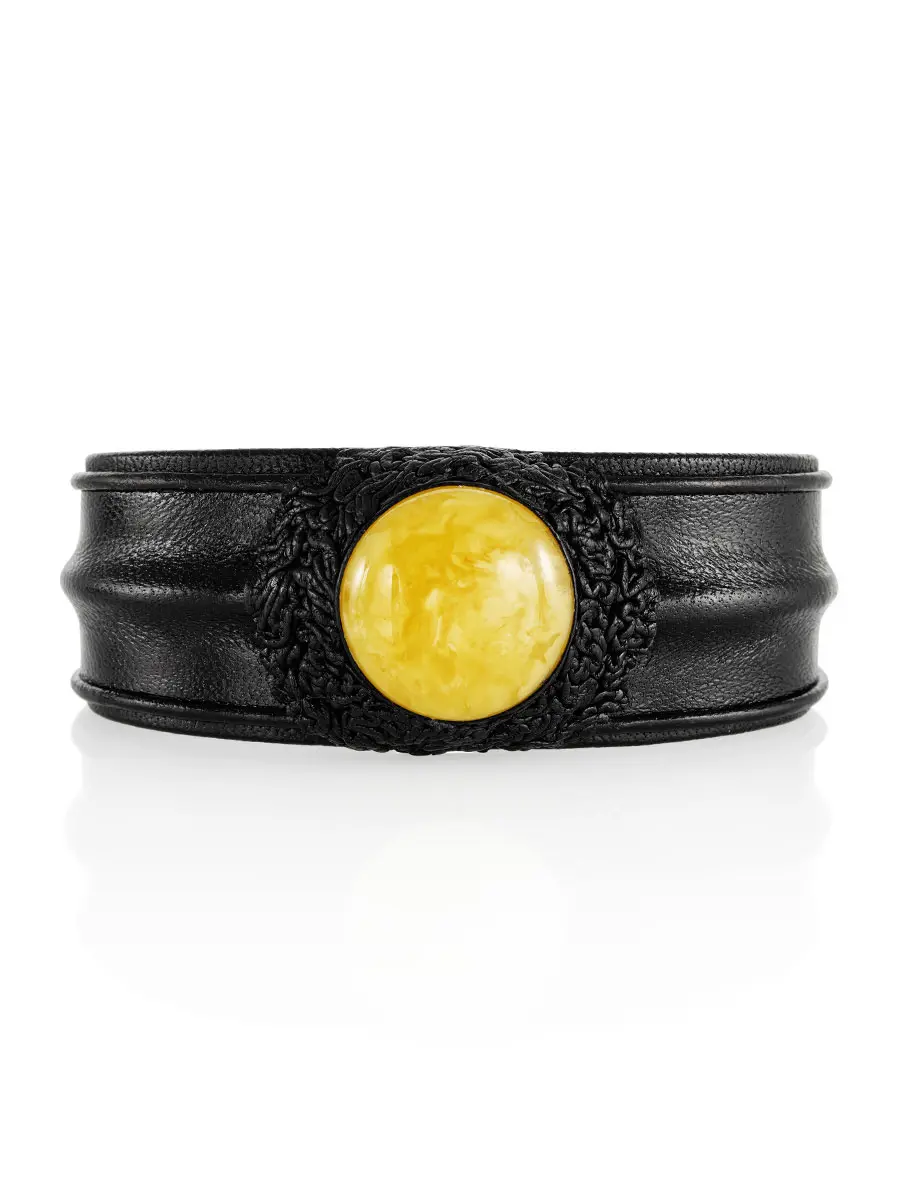 картинка Кожаный браслет со вставкой из натурального балтийского янтаря круглой формы в онлайн магазине