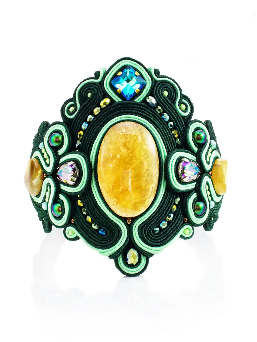картинка Браслет «Индия» с натуральным цельным янтарём, украшенный кристаллами и бисером в онлайн магазине