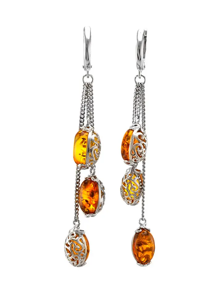 картинка Серебряные серьги на цепочках с натуральным янтарём коньячного цвета «Касабланка» в онлайн магазине