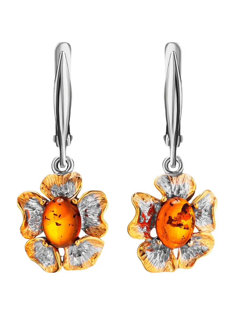 картинка Удлинённые серьги в цветочном дизайне «Бальзамин» с янтарём в онлайн магазине