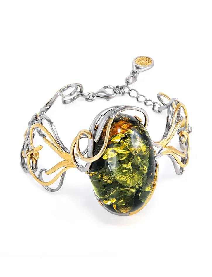 картинка Великолепный яркий браслет из зелёного янтаря и серебра «Версаль» в онлайн магазине