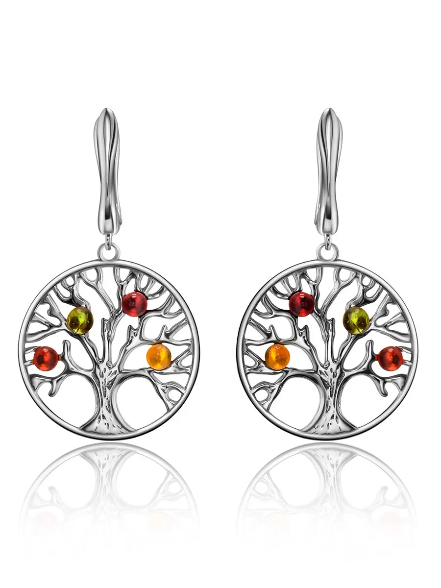 картинка Эффектные серьги-талисман из серебра и янтаря разных цветов «Древо жизни» в онлайн магазине
