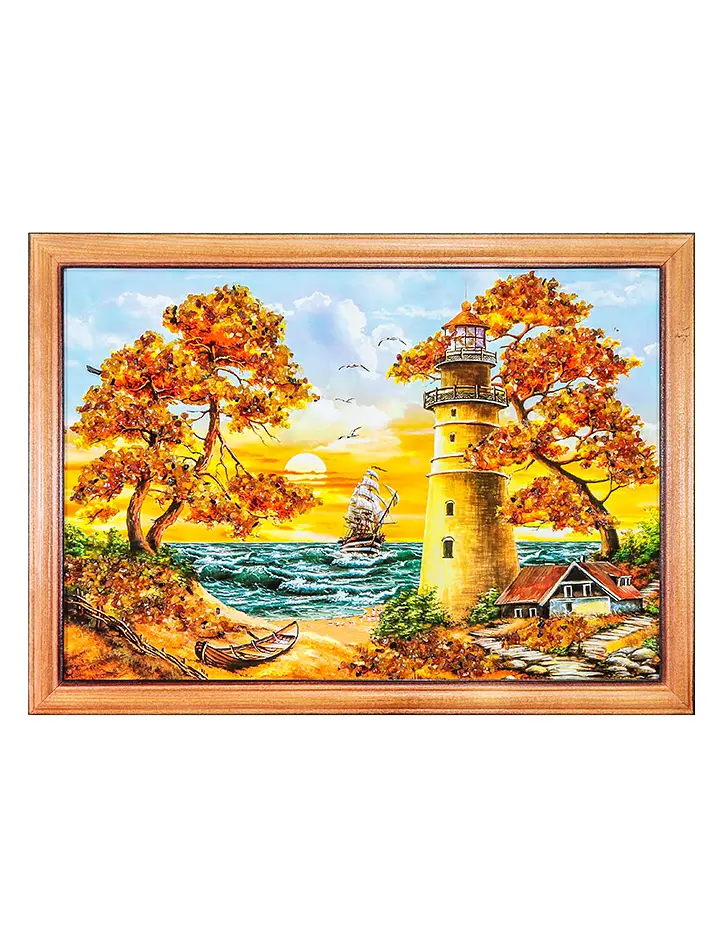 картинка Горизонтальная марина с натуральным янтарём «У подножия маяка» 23 см (В) х 33 см (Ш) в онлайн магазине