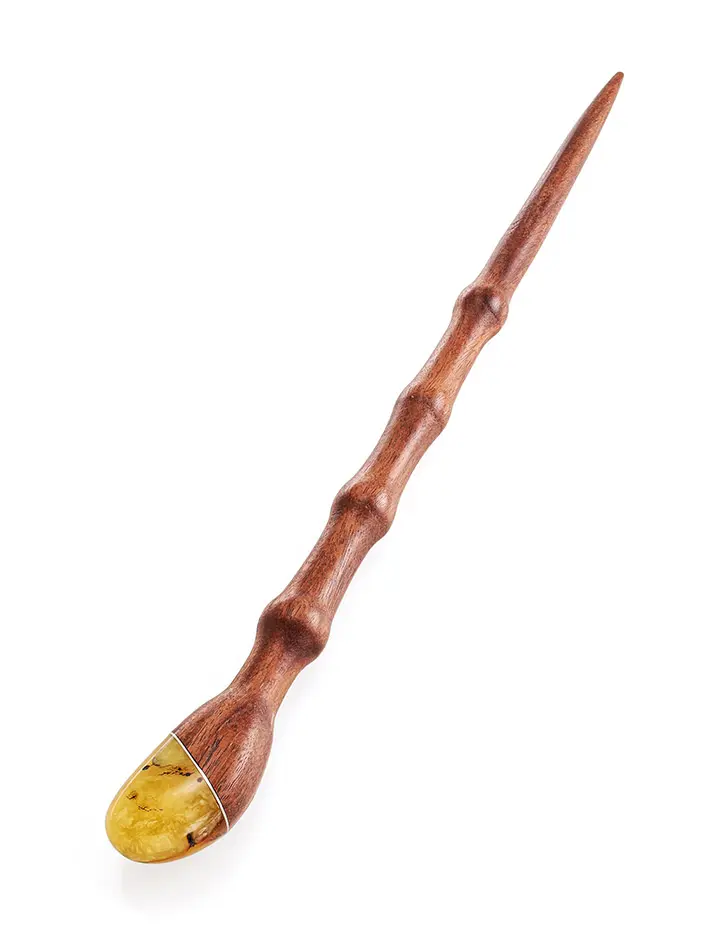 картинка Китайская деревянная заколка-шпилька с натуральным янтарём в онлайн магазине