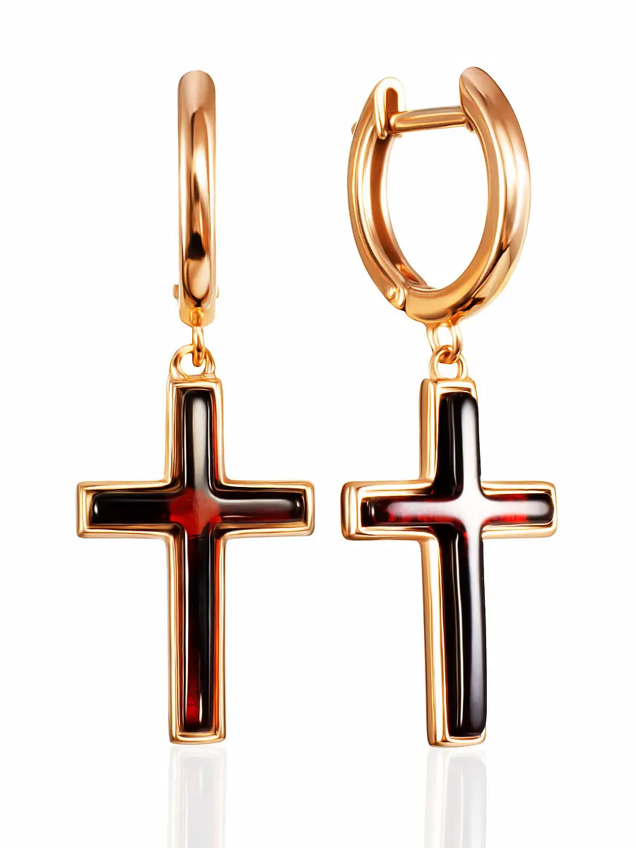 картинка Стильные позолоченные серьги London с крестами из вишнёвого янтаря в онлайн магазине