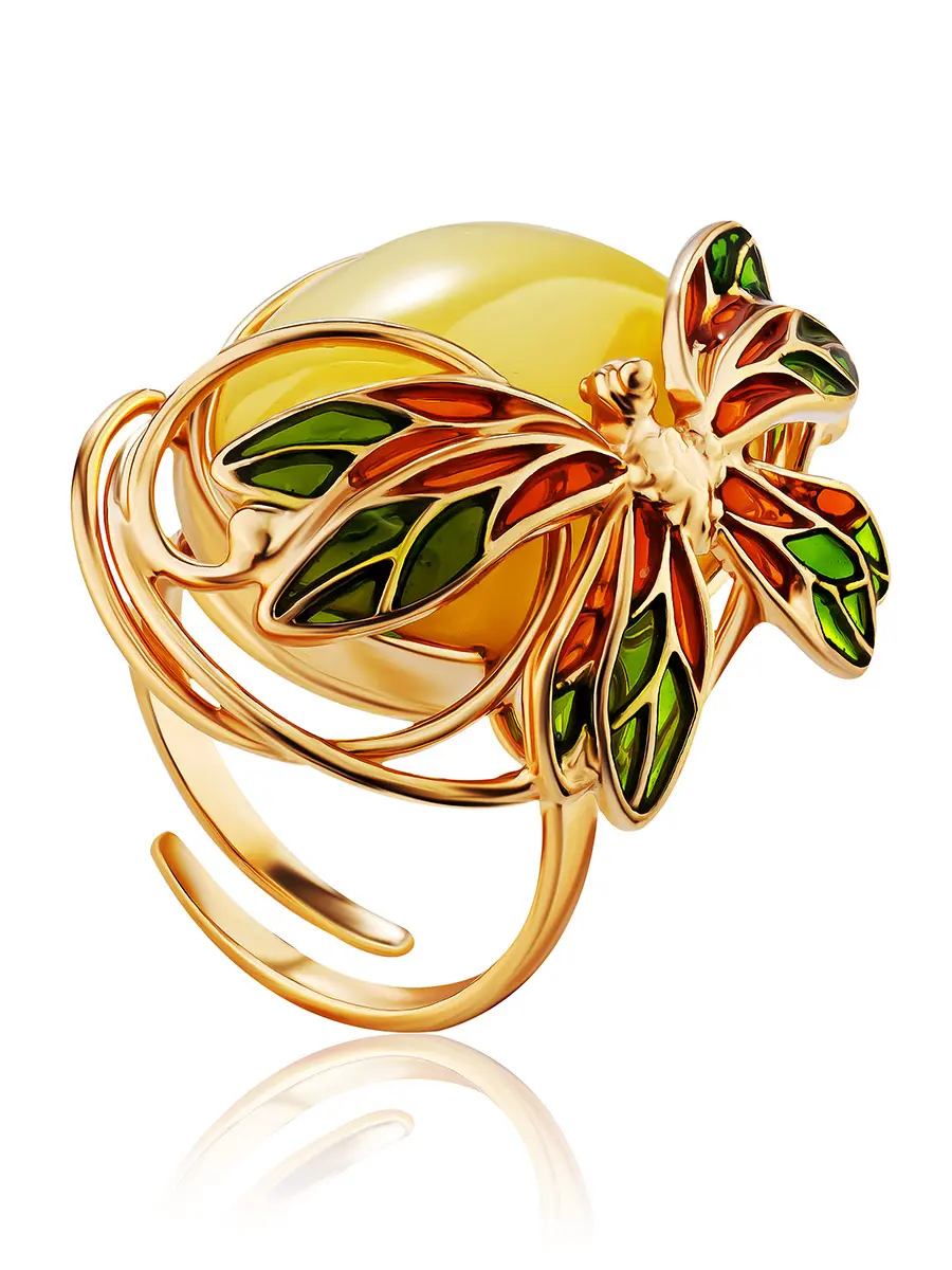 картинка Изысканное кольцо из позолоченного серебра и натурального янтаря медового цвета «Апрель» в онлайн магазине