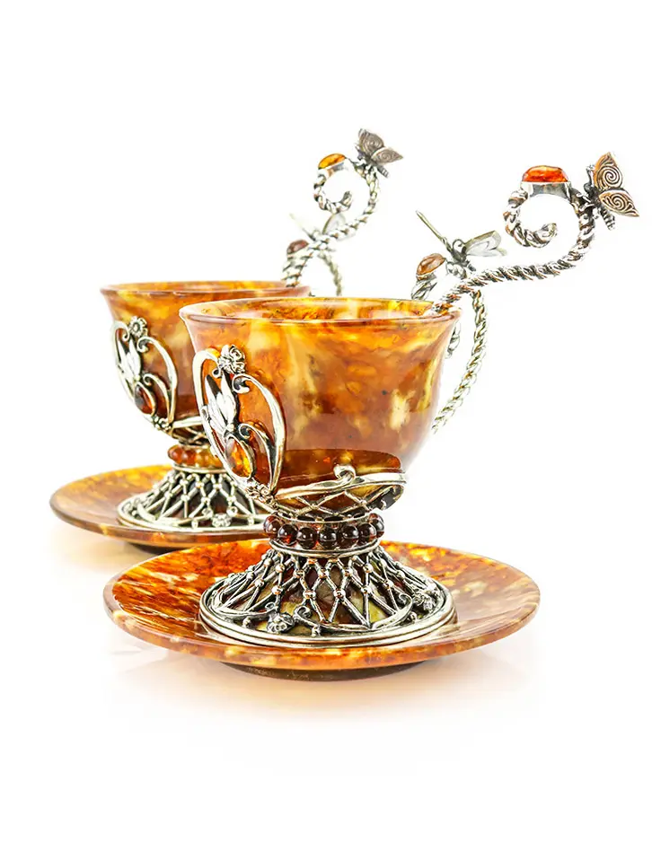 картинка Кофейный набор из натурального янтаря и серебра 875 пробы «Екатерина» на 2 персоны в онлайн магазине