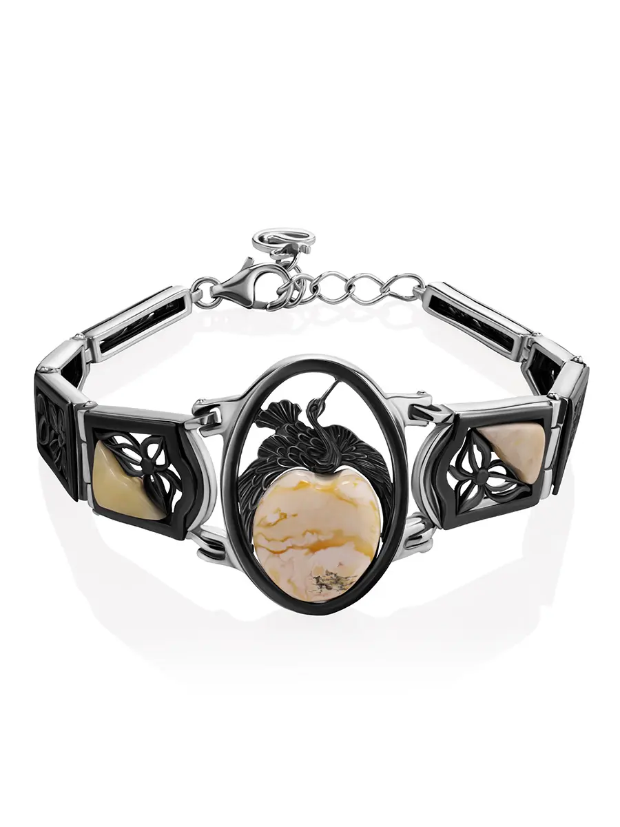 картинка Роскошный браслет из серебра с чернением, украшенный янтарем «Журавушка» в онлайн магазине