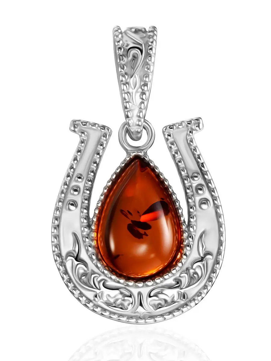 картинка Небольшой кулон с натуральным вишнёвым янтарём «Подкова» в онлайн магазине