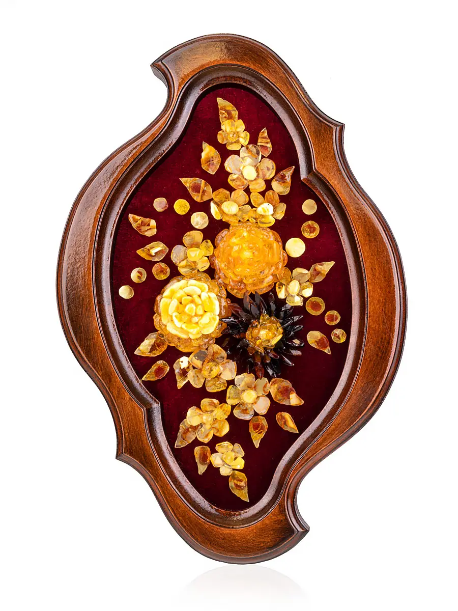 картинка Фигурное панно из натурального янтаря на бархате «Цветы» 31 х 22 см  в онлайн магазине