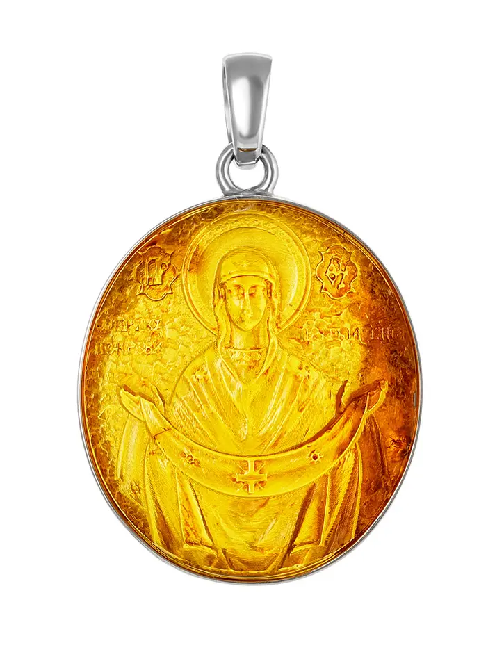 картинка Резная подвеска из натурального янтаря лимонного цвета в серебре «Богоматерь Покрова» в онлайн магазине