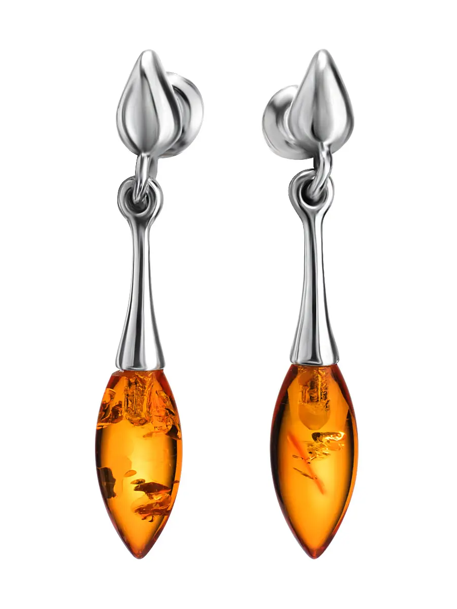 картинка Миниатюрные серьги-гвоздики из серебра и янтаря «Свечка» в онлайн магазине