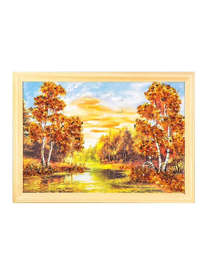 картинка Горизонтальный пейзаж, украшенный натуральным янтарём «Ванильное небо» 23 (В) х 32 (Ш) в онлайн магазине