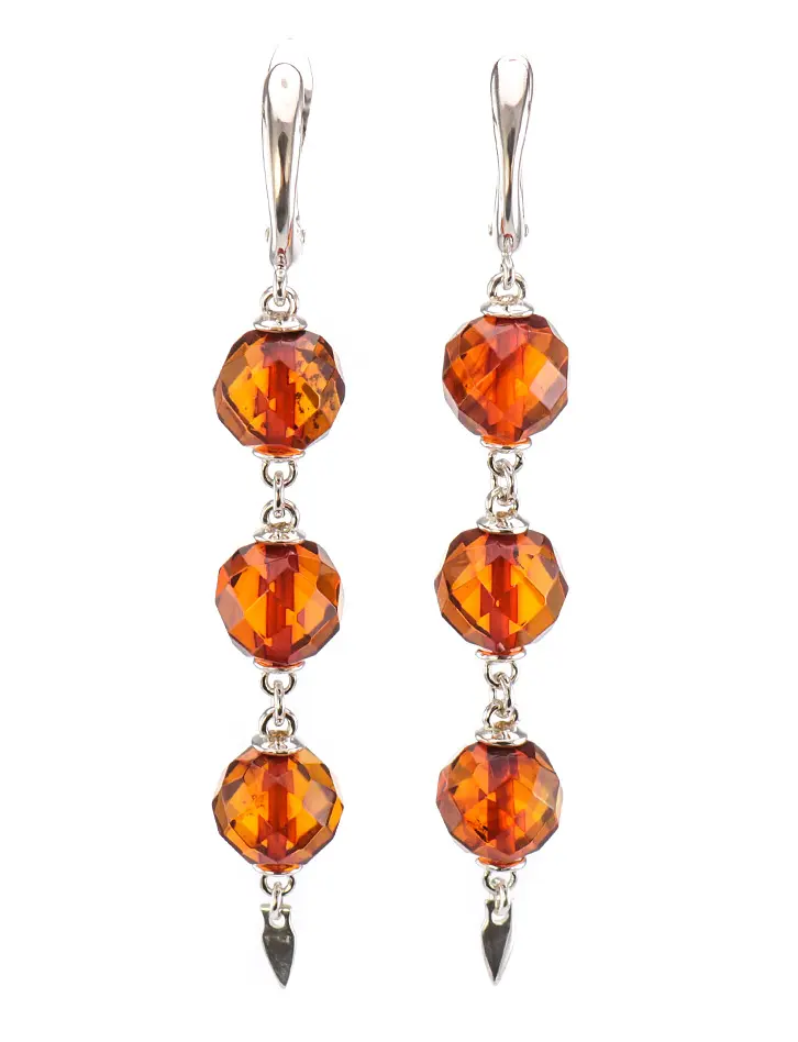 картинка Роскошные серьги из гранёных янтарных бусин и серебра «Карамель алмазная» в онлайн магазине