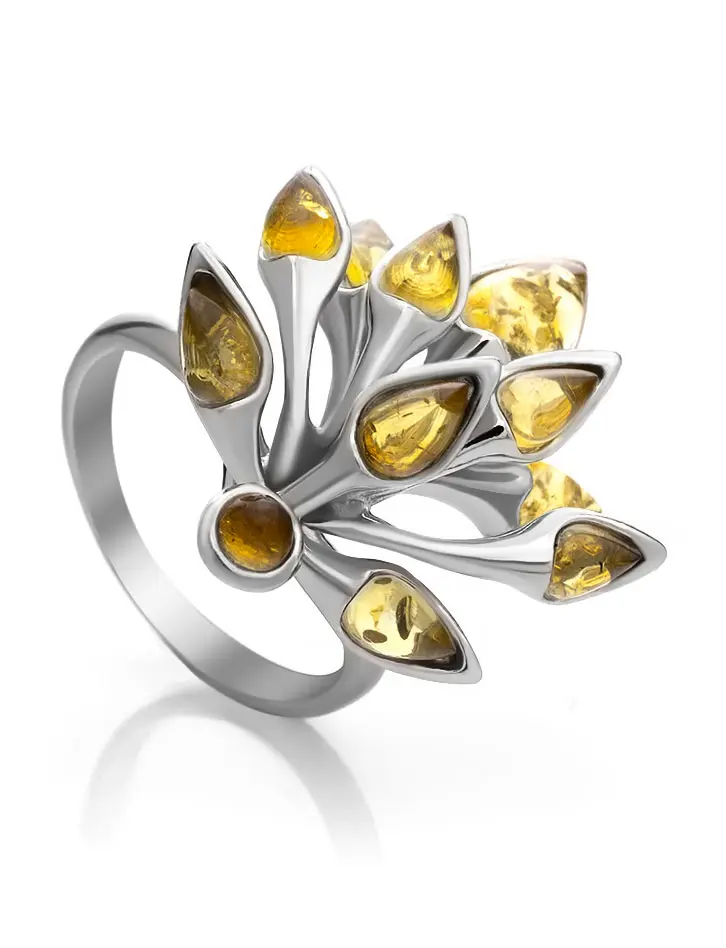 картинка Эффектное кольцо из серебра и натурального янтаря лимонного цвета «Осень» в онлайн магазине