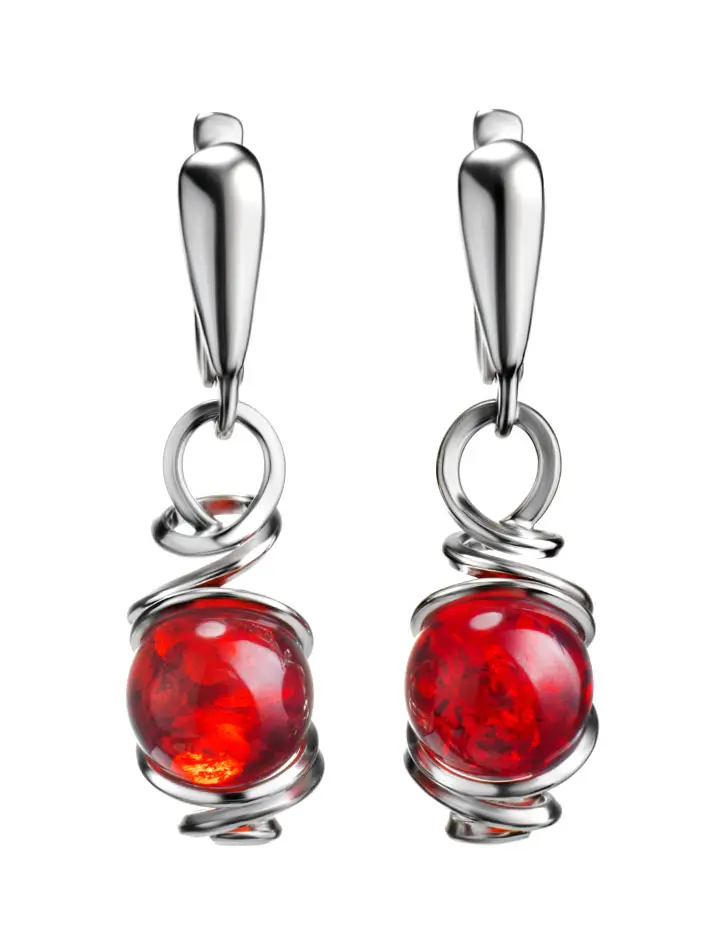 картинка Эффектные серебряные серьги с натуральным балтийским янтарём ярко-красного цвета «Валенсия» в онлайн магазине
