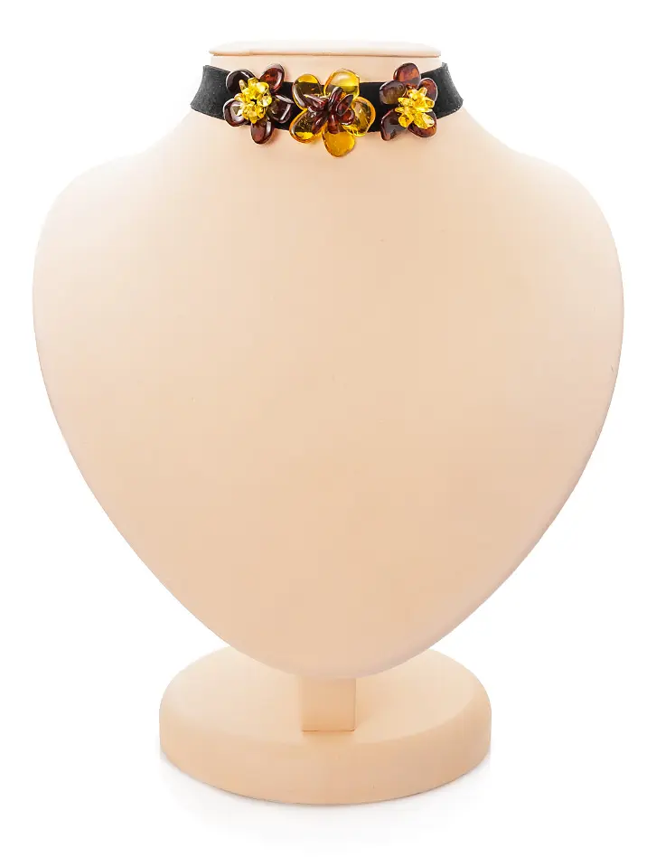 картинка Яркий чокер с цветами из натурального янтаря «Шиповник» в онлайн магазине