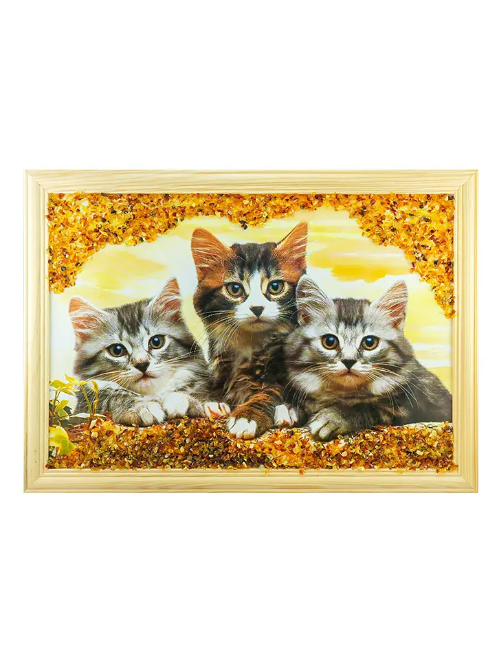 картинка Горизонтальная картина «Три кошки», украшенная янтарём в онлайн магазине
