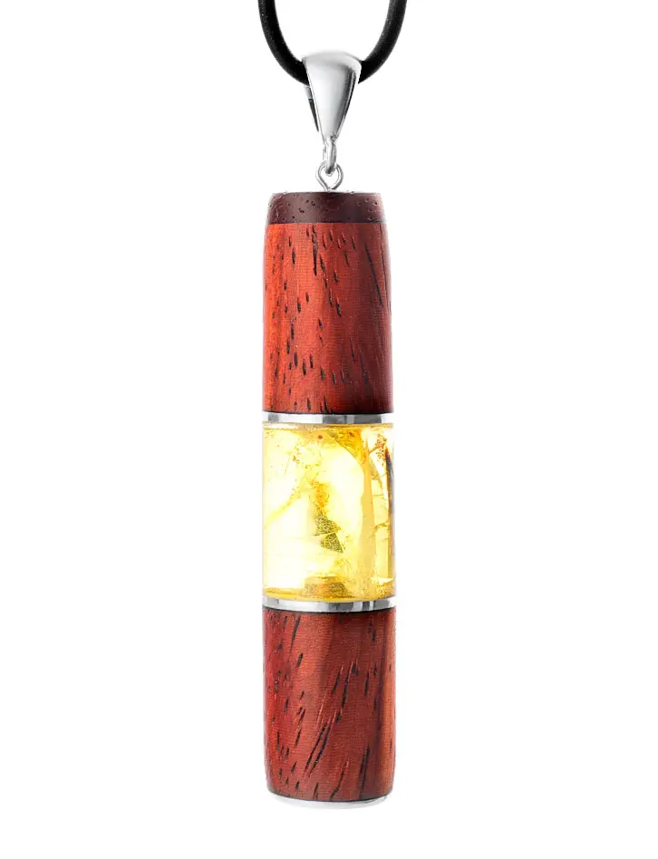 картинка Уникальная авторская подвеска из натурального янтаря лимонного цвета и древесины падука «Индонезия» в онлайн магазине