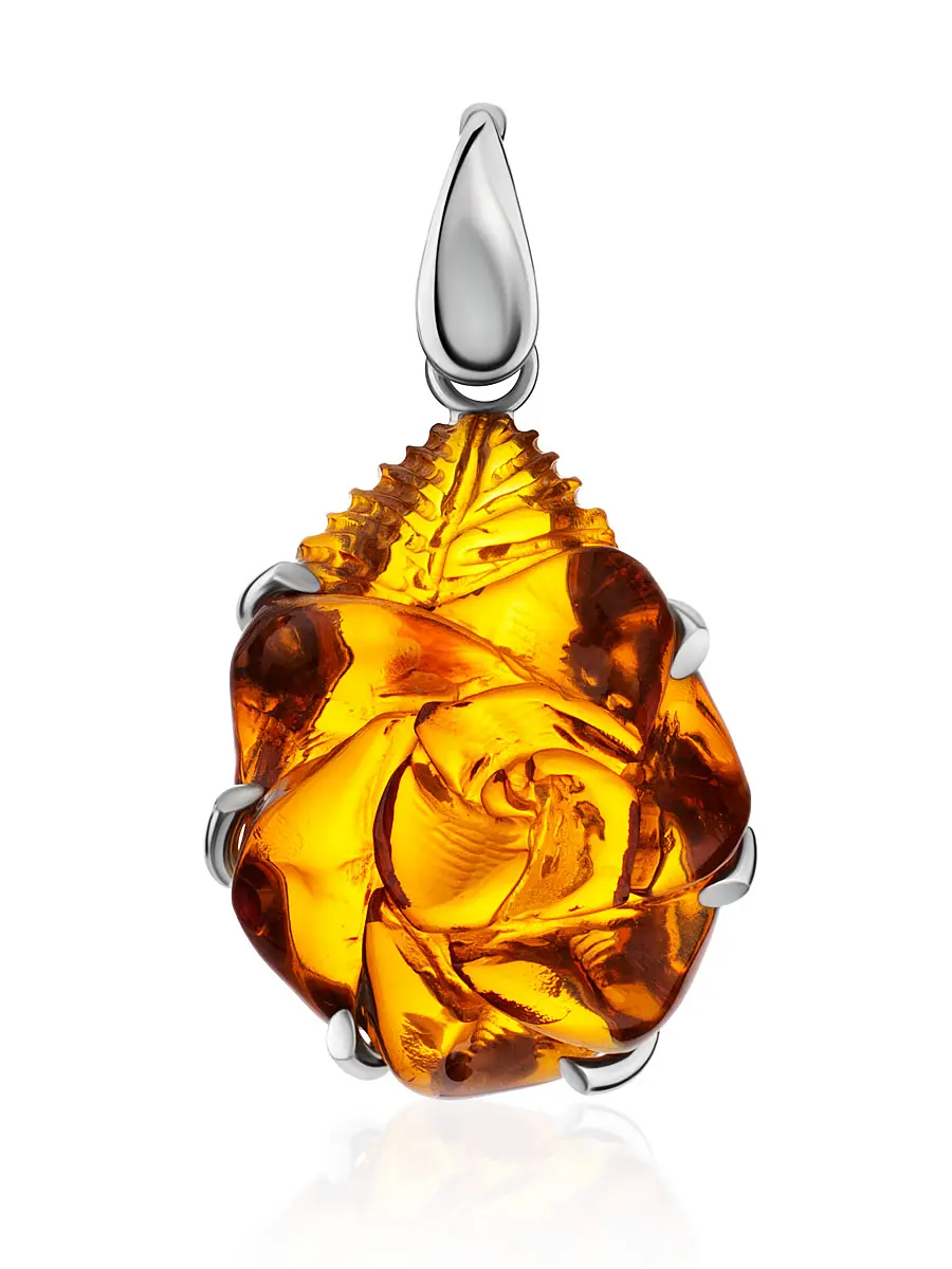 картинка Резной кулон «Роза» из натурального янтаря и серебра в онлайн магазине