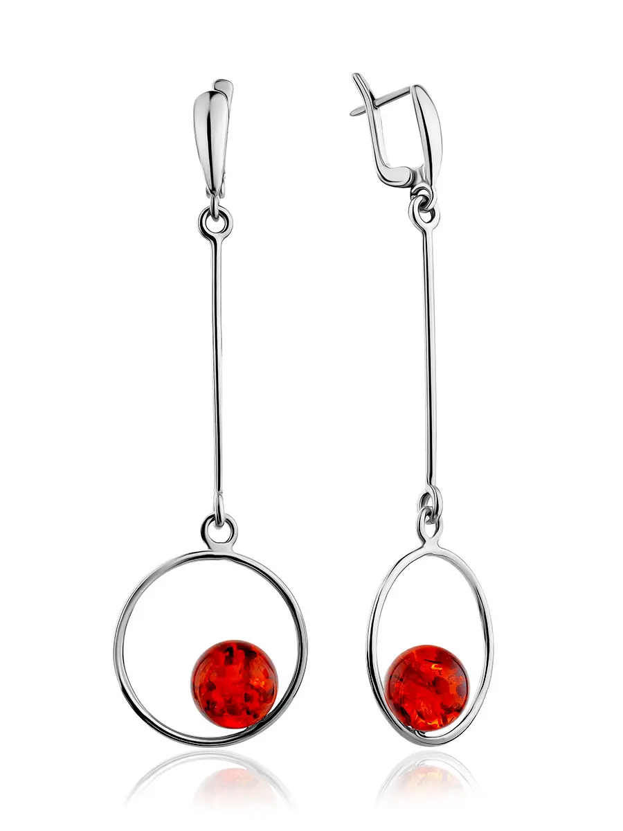 картинка Стильные серьги из серебра и красного янтаря «Юпитер» в онлайн магазине