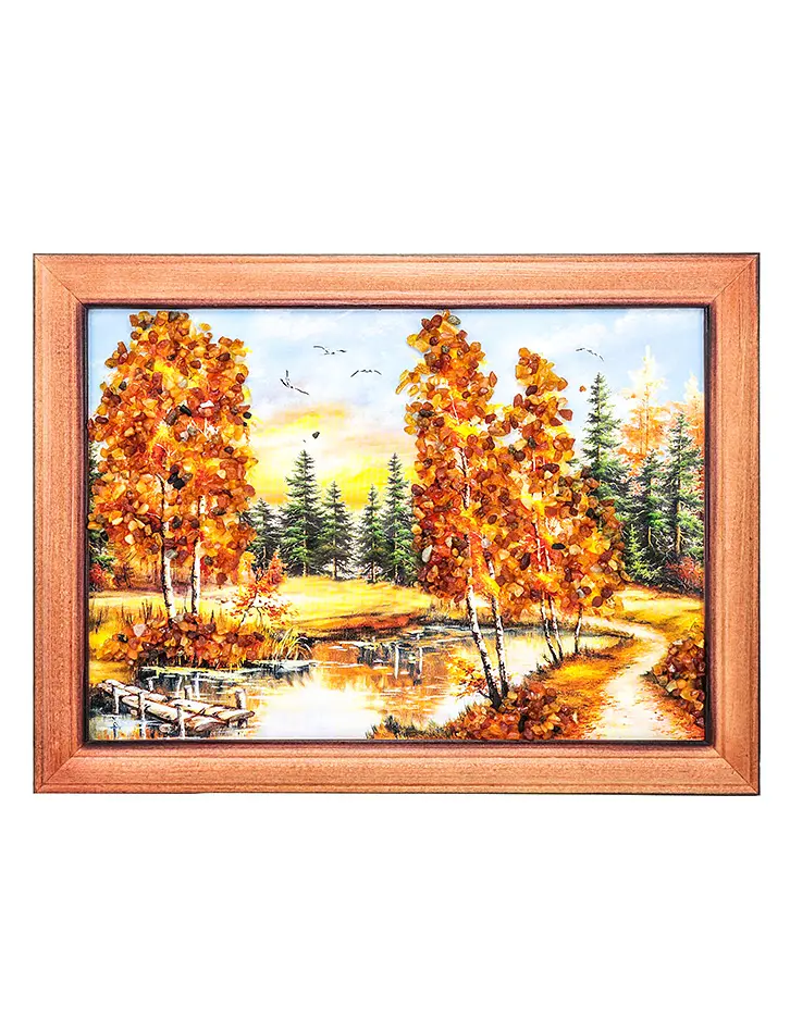 картинка Красивый пейзаж, украшенный натуральным янтарём «Лесной пруд» 17 (В) х 24 (Ш) в онлайн магазине
