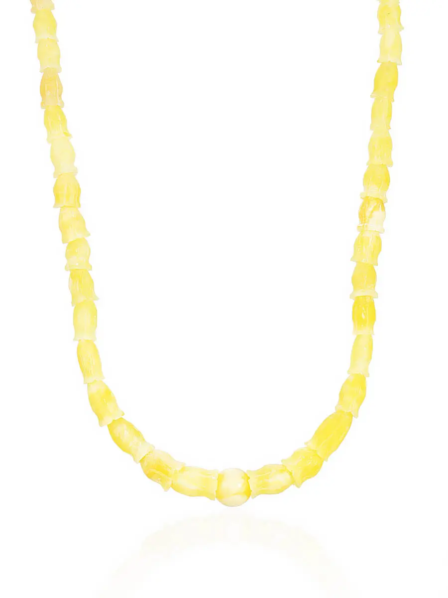 картинка Нежные бусы из натурального цельного резного янтаря медового цвета «Тюльпан» в онлайн магазине