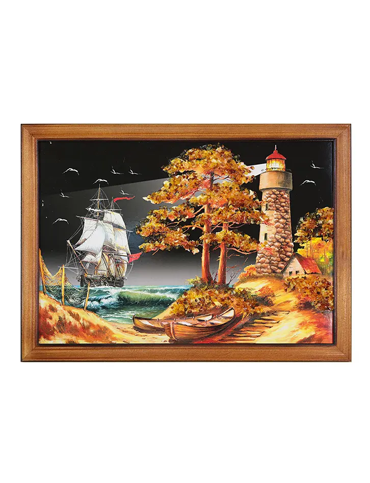 картинка Эффектная картина, украшенная россыпью натурального балтийского янтаря «Ночной пейзаж с маяком» 23 (В) х 32 (Ш)  в онлайн магазине
