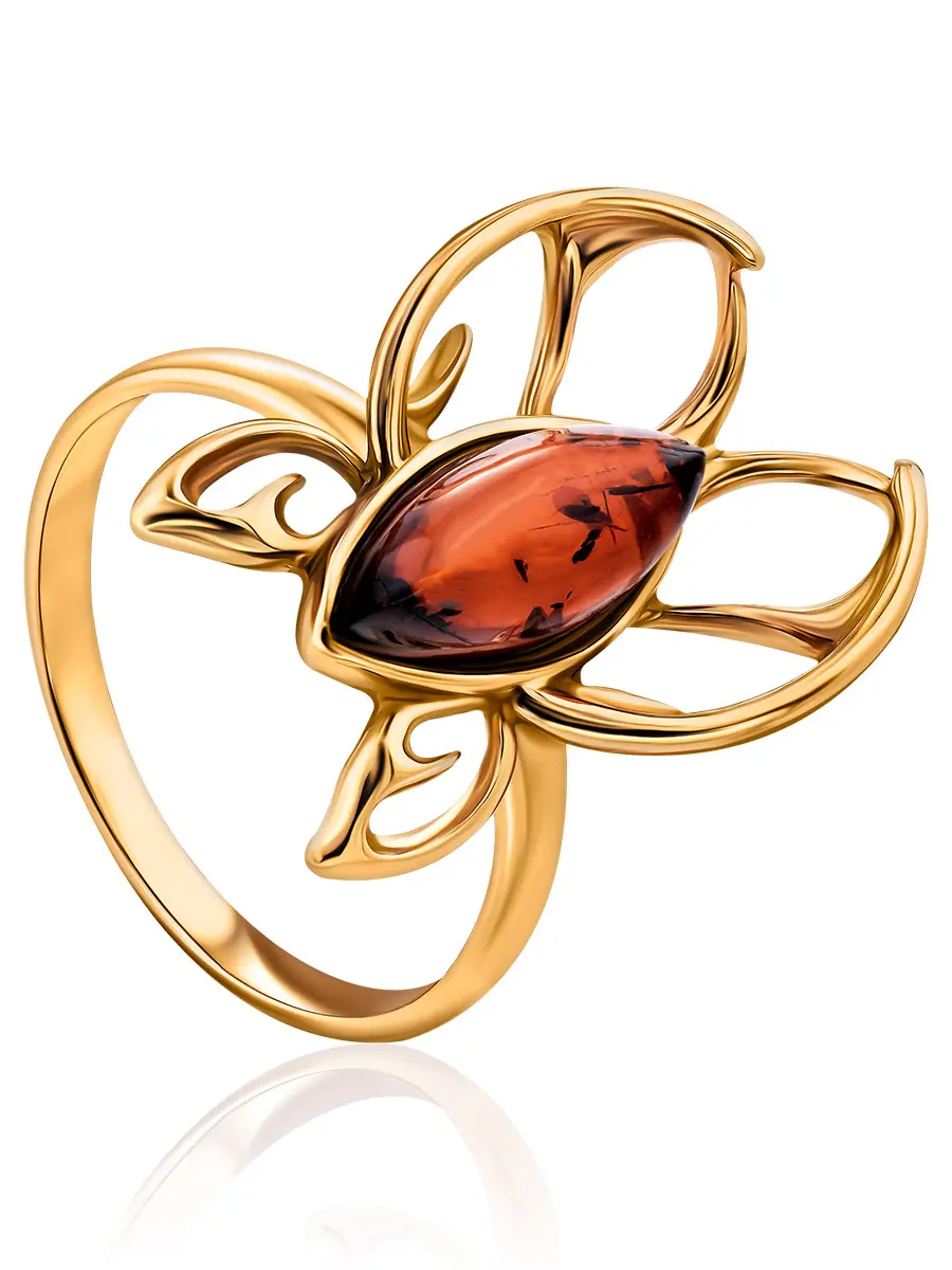 картинка Ажурное кольцо-бабочка из позолоченного серебра и янтаря «Апрель» в онлайн магазине