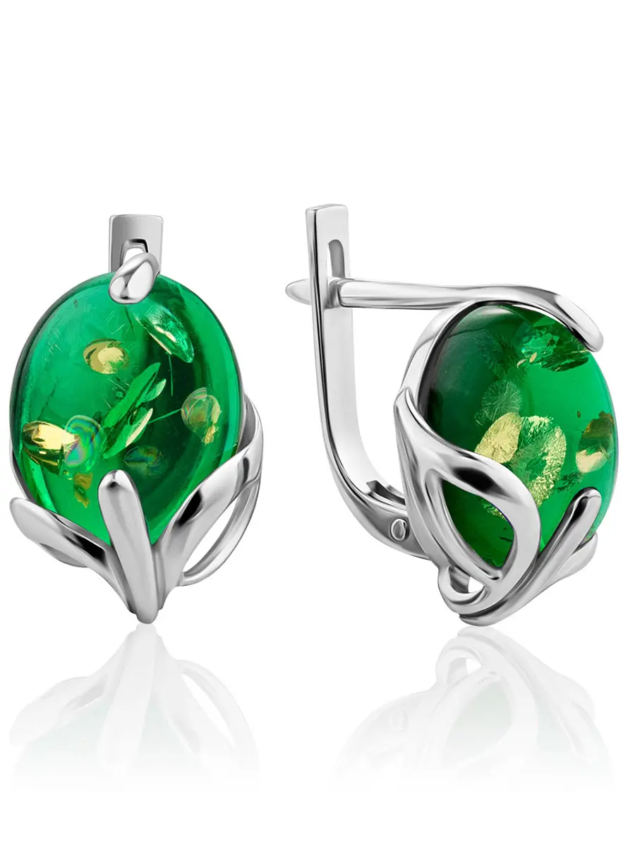 картинка Изящные серьги с натуральным янтарём изумрудного оттенка «Палермо» в онлайн магазине
