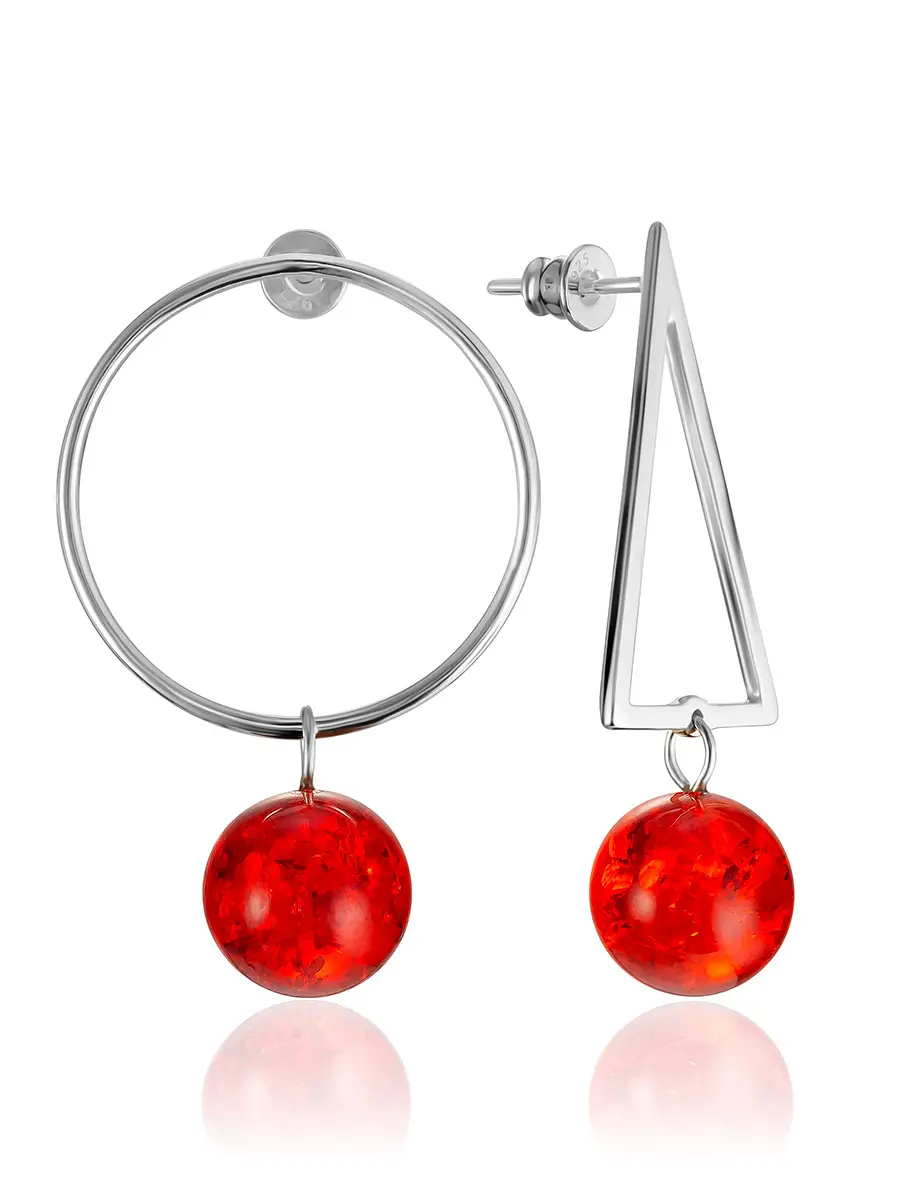 картинка Яркие оригинальные серьги из алого янтаря «Лютеция» в онлайн магазине