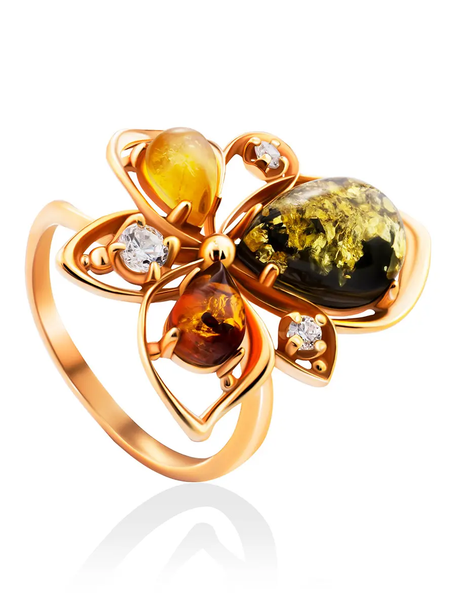 картинка Потрясающее кольцо из золота и янтаря разных оттенков «Эдельвейс» в онлайн магазине