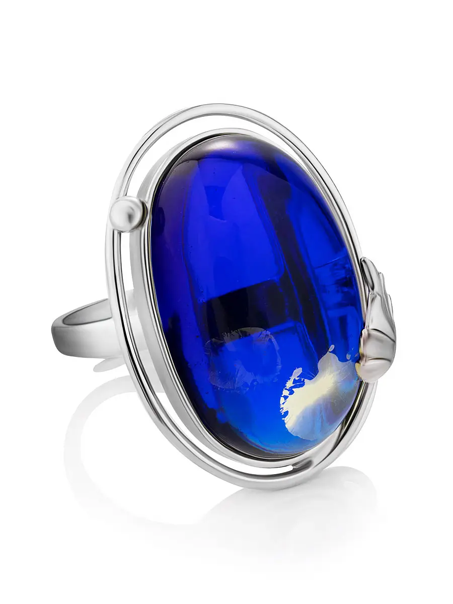 картинка Яркое кольцо из серебра и янтаря голубого цвета «Элегия» в онлайн магазине