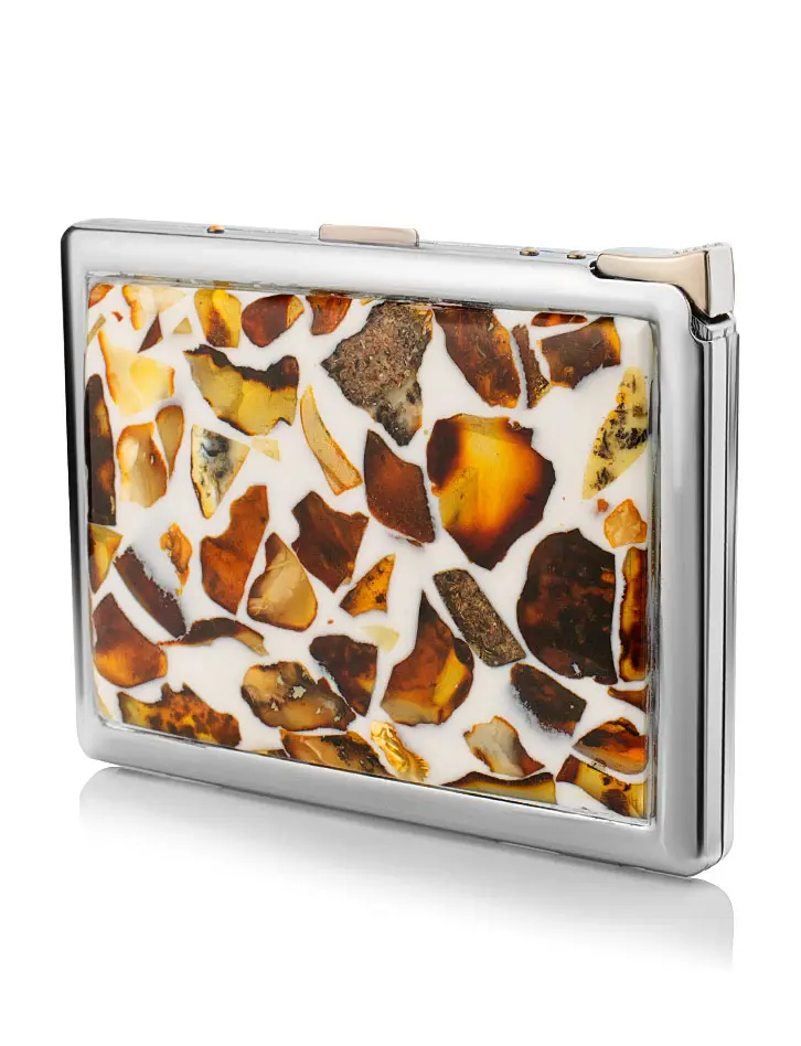 картинка Портсигар с зажигалкой, украшенный мозаикой из натурального янтаря «Далматин» в онлайн магазине