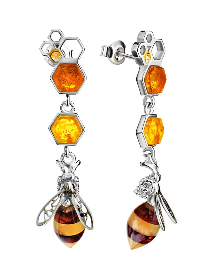 картинка Эффектные  серебряные серьги-гвоздики «Винни Пух» с натуральным янтарём в онлайн магазине