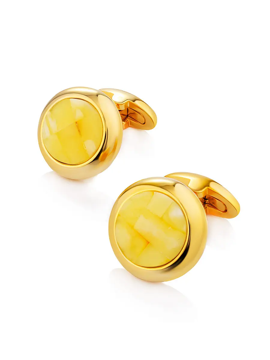 картинка Элегантные круглые запонки, украшенные натуральным янтарём медового цвета в онлайн магазине