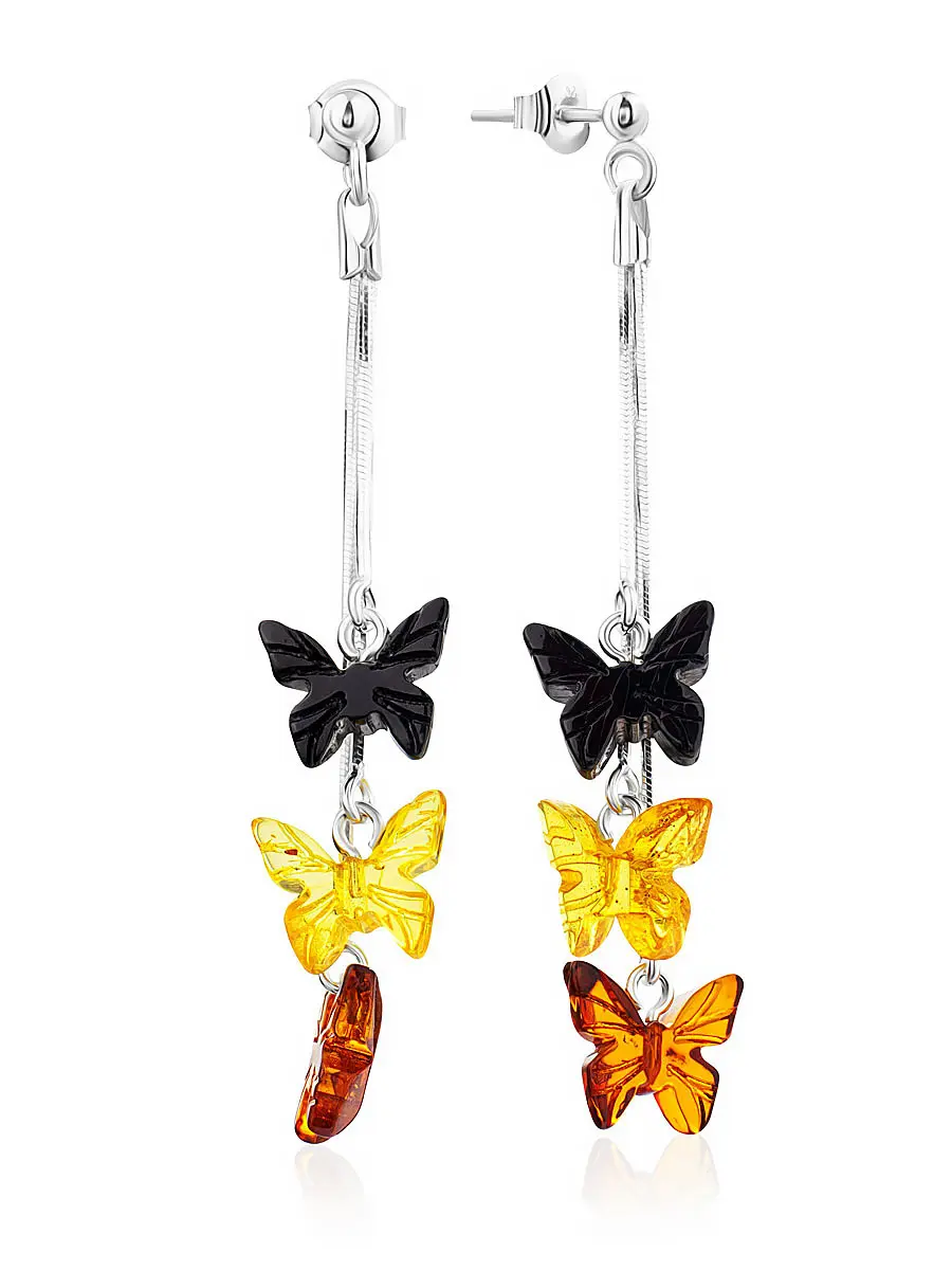картинка Изящные серьги из натурального янтаря разных цветов «Бабочки на цепочках» из коллекции «Апрель» в онлайн магазине