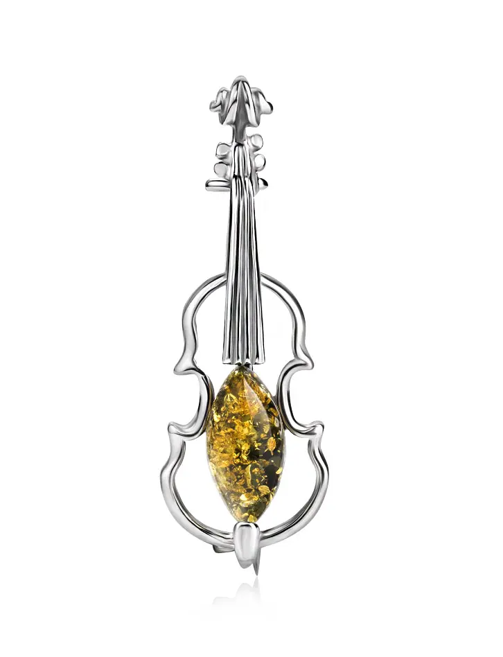 картинка Ажурная серебряная брошь с зелёным янтарём «Скрипка» в онлайн магазине