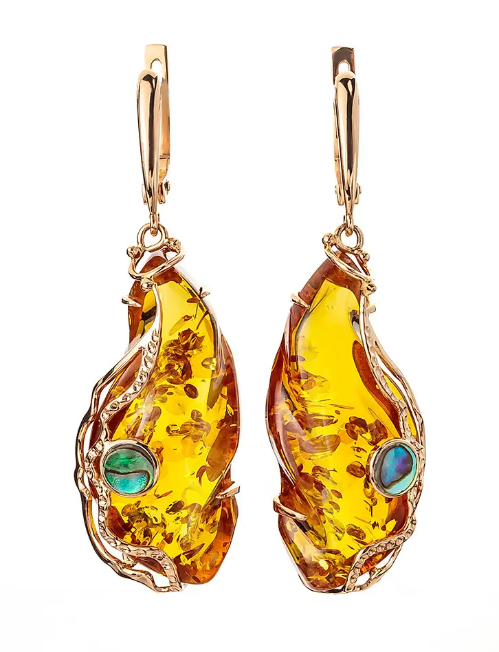 картинка Нарядные золотые серьги с натуральным янтарем и перламутром «Атлантида» в онлайн магазине