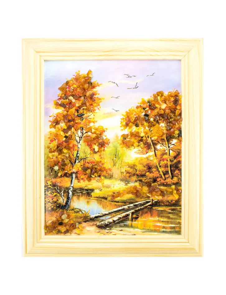 картинка «Осенний лес». Небольшая вертикально ориентированная картина, украшенная янтарем в онлайн магазине