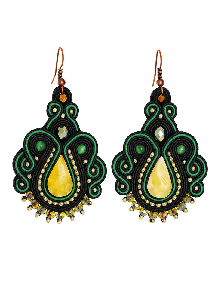 картинка Яркие плетёные серьги с натуральным медовым янтарём «Индия» в онлайн магазине